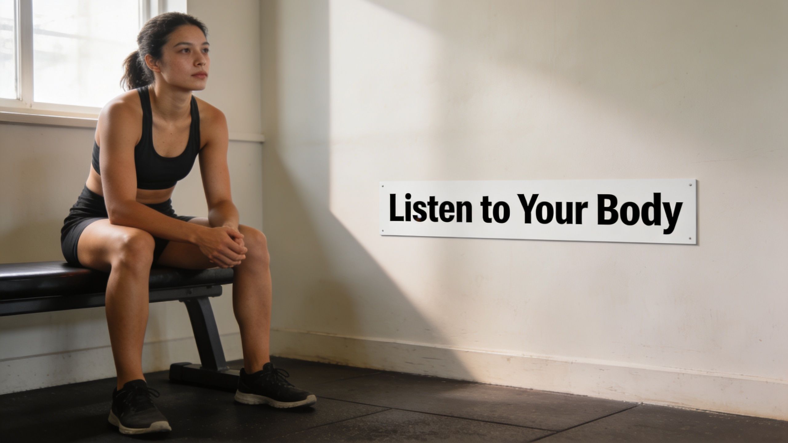 A woman in workout clothes sits on a weight bench in a gym by a motivational sign.