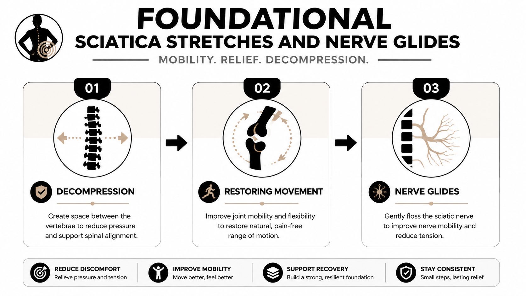 An infographic showing three steps for sciatica treatment through decompression, restoring movement, and nerve glides.