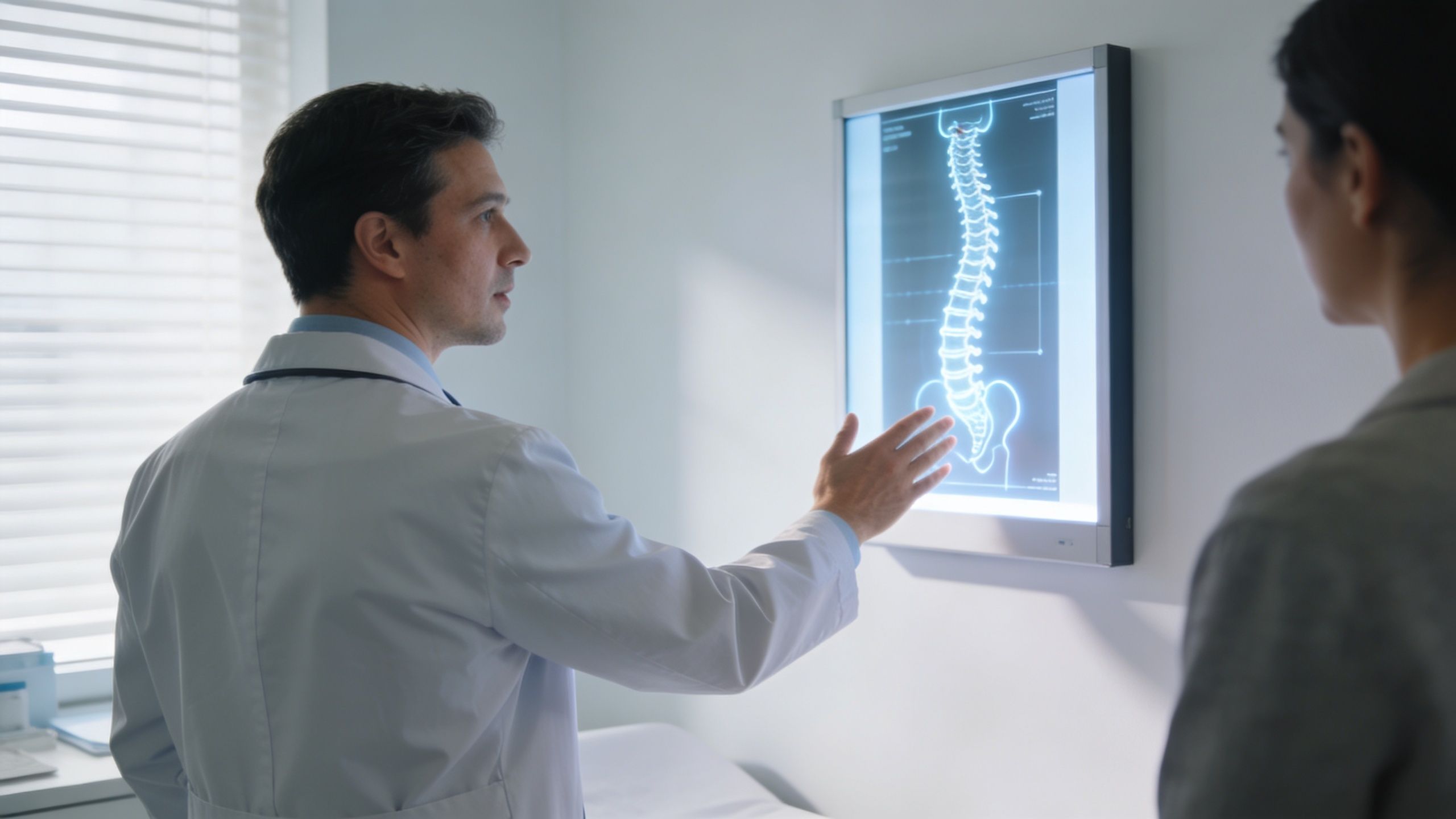 A doctor in a white coat explains a spinal X-ray to a patient in a medical office.