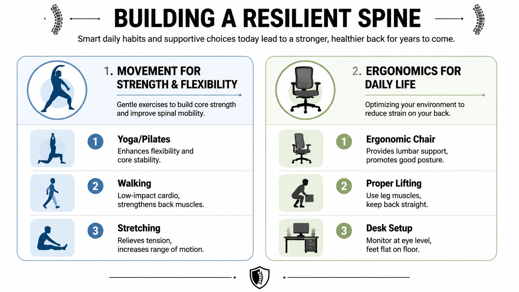 An infographic illustrating daily habits for building a resilient spine, focusing on strength, flexibility, and ergonomic posture.