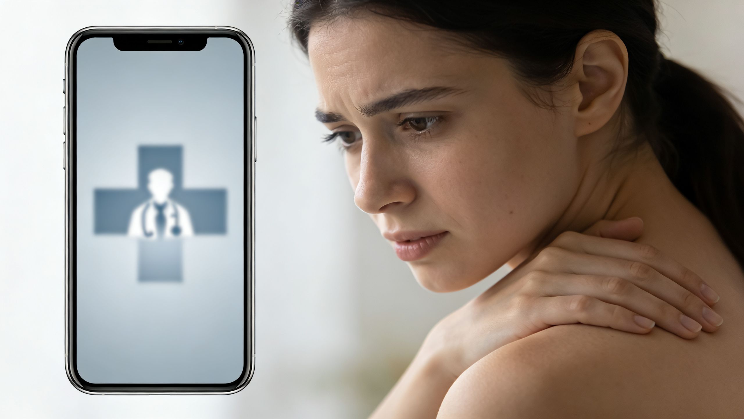 A distressed woman experiencing back pain looking towards a smartphone displaying a healthcare consultation icon.