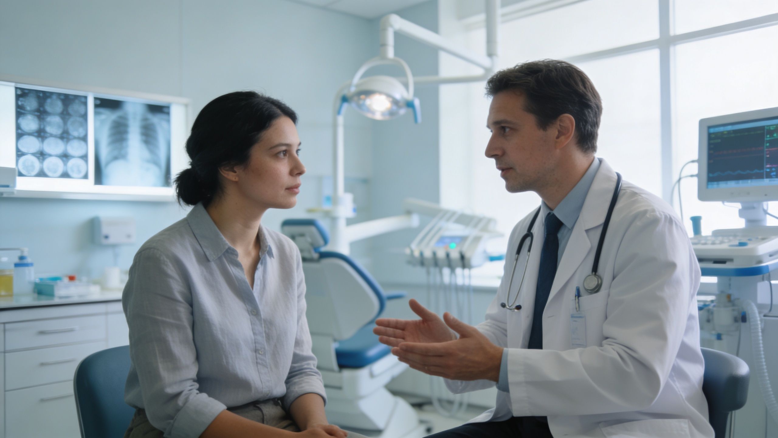 A professional doctor explains medical treatment options to a female patient during a consultation in his office.