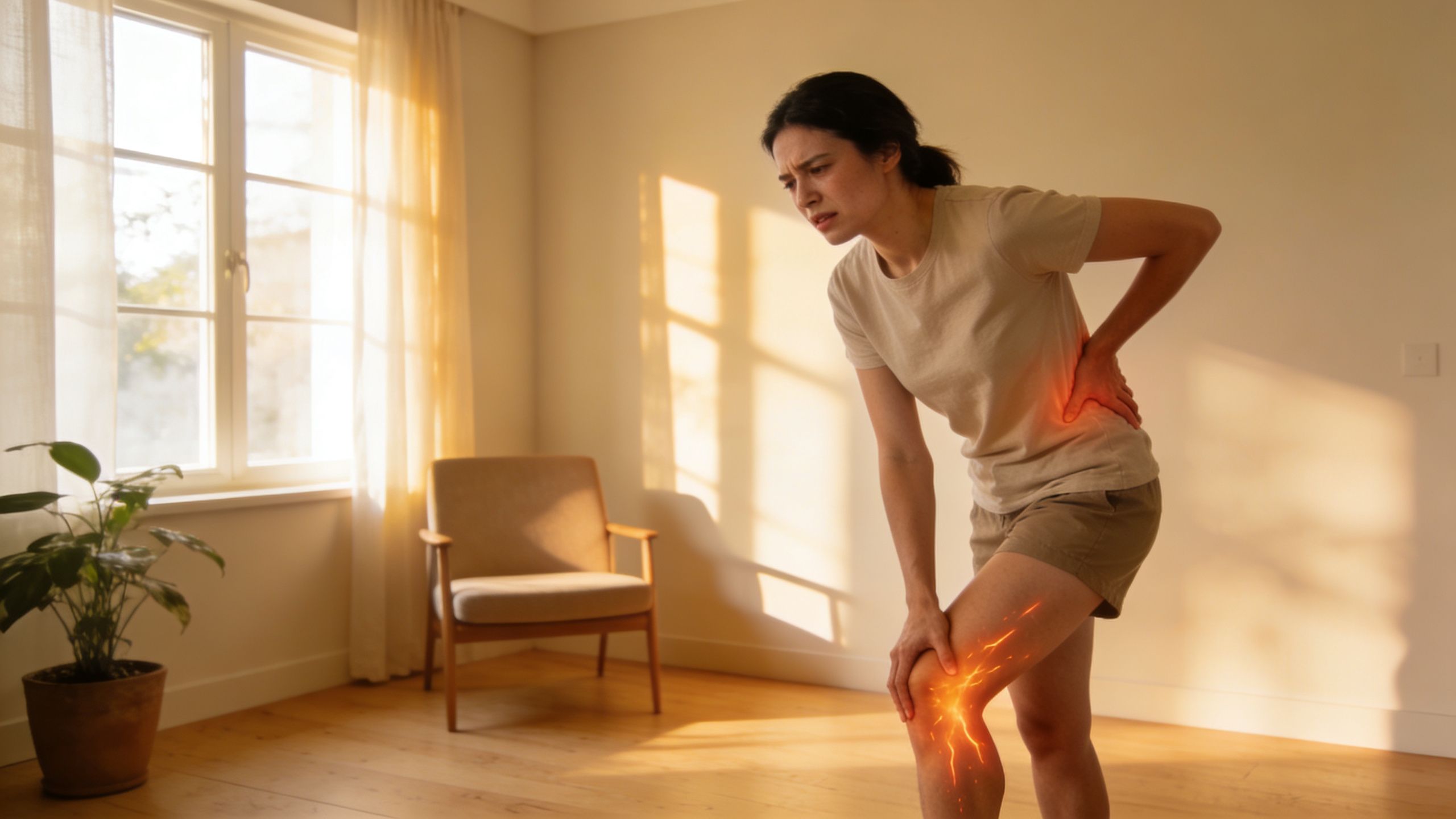 A young woman standing in a bright room holding her back and knee experiencing intense sciatic pain.