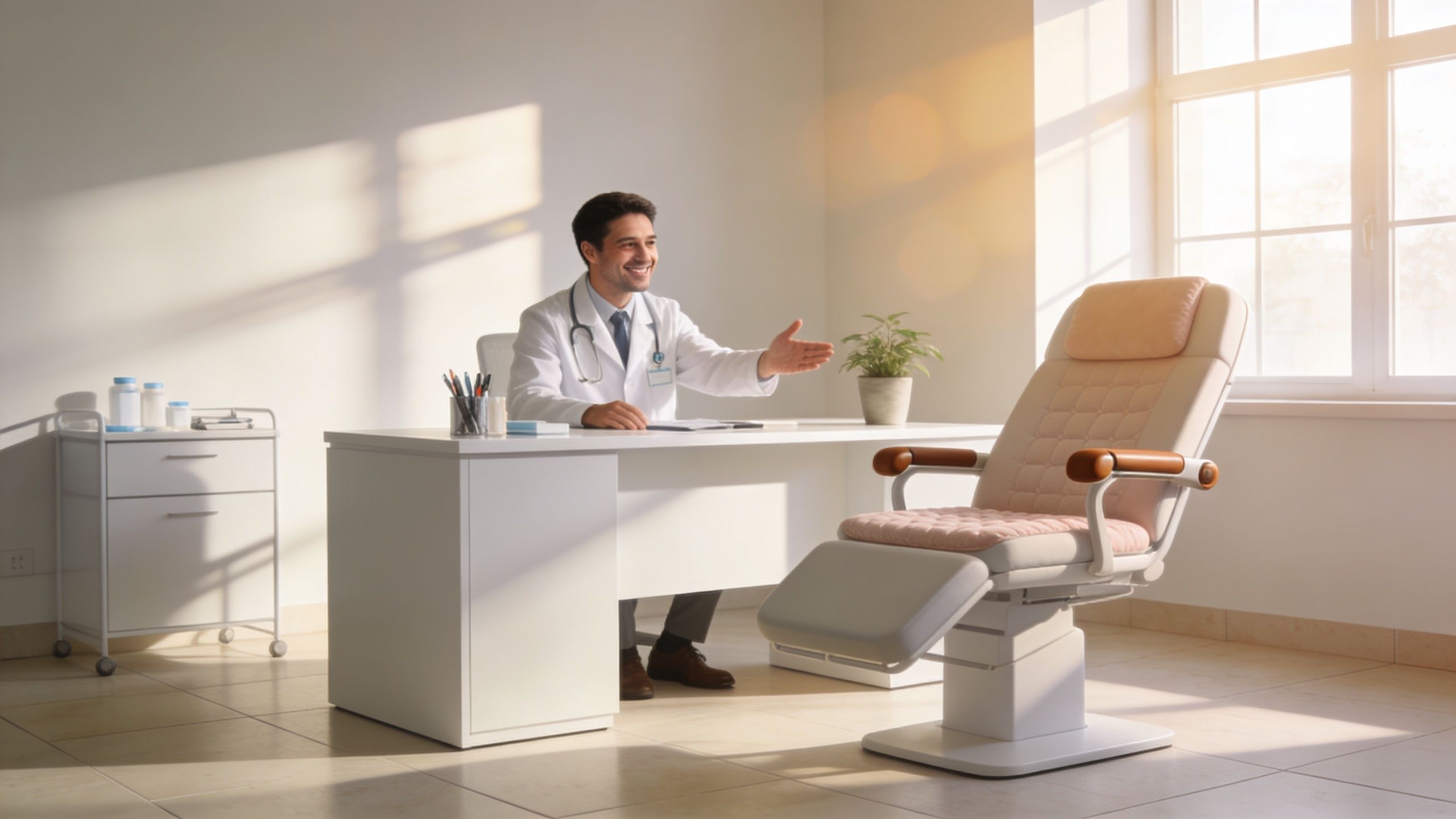 A friendly male doctor in a white coat gesturing for a patient to sit in an exam chair.