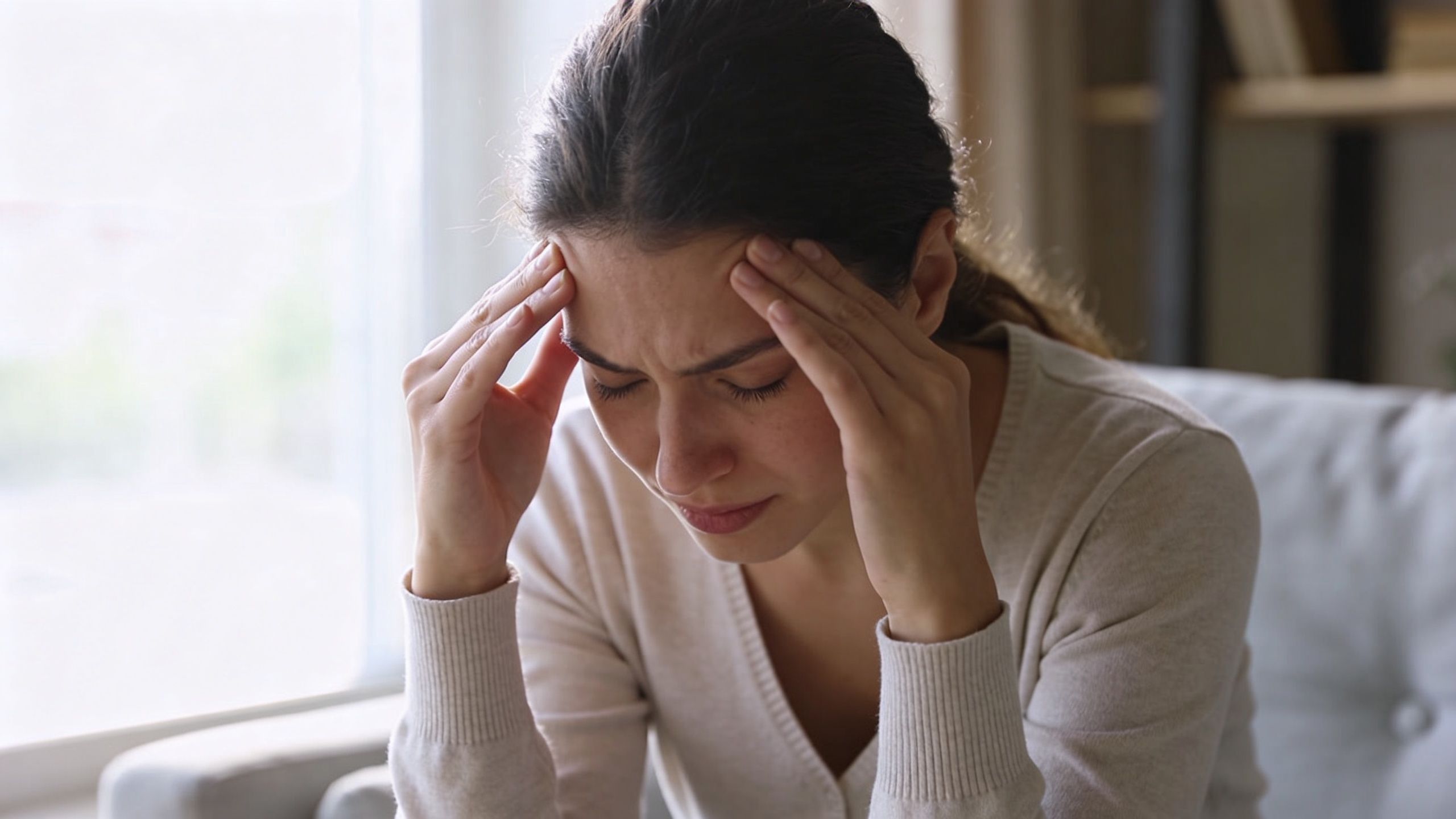 A young woman sitting on a couch, holding her head with both hands, experiencing a severe migraine headache.