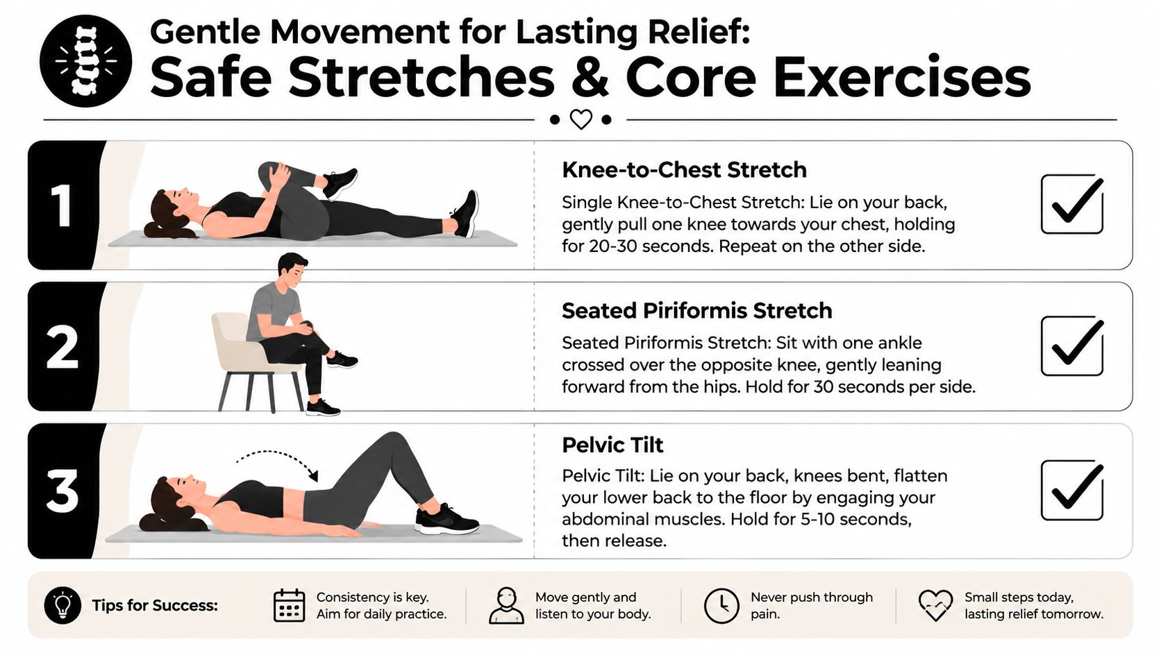 A helpful infographic showing three simple stretches and core exercises for safe back pain relief.