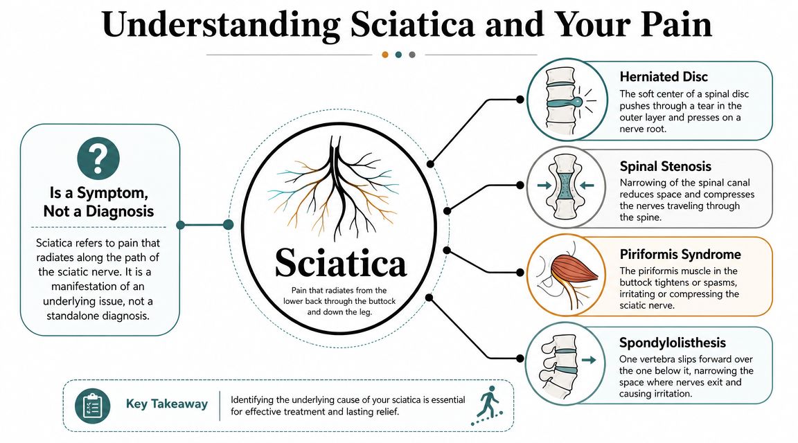 An infographic explaining that sciatica is a symptom of underlying conditions like herniated discs or spinal stenosis.