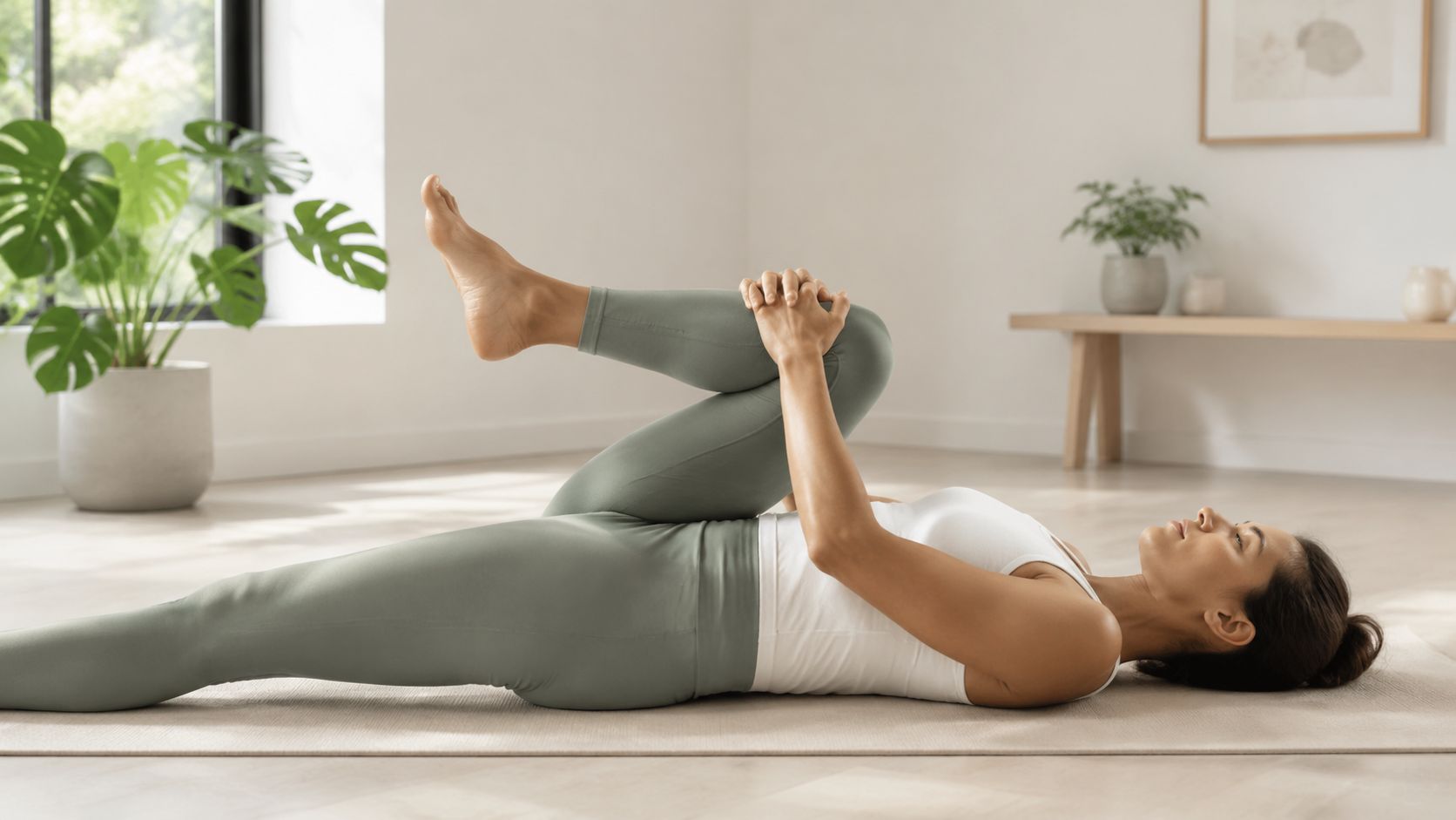 A woman performing a single knee-to-chest stretch while lying on a yoga mat to relieve hip pain.
