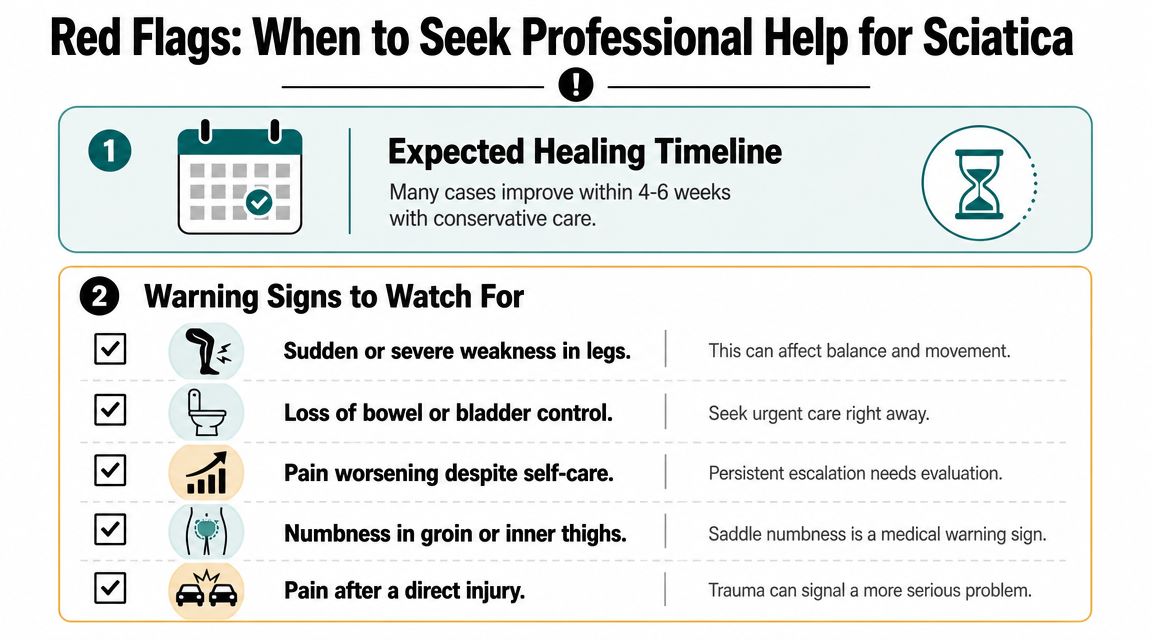 A medical infographic detailing the expected healing timeline and warning signs of sciatica requiring professional medical attention.