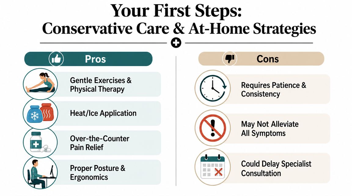 how to heal spinal stenosis conservative care If you're reading this, there's a good chance walking has become the problem. You start out fine, then your back, buttocks, or legs begin to ache, burn, tingle, or feel heavy. You lean on a shopping cart and suddenly it's easier. You sit down for a minute and the symptoms ease off. Then you wonder the question almost every patient asks sooner or later: Can spinal stenosis be healed, or can it only be managed? How to Heal Spinal Stenosis A Patient's Guide for 2026 A comparison chart outlining the pros and cons of conservative care and at-home strategies for pain relief.