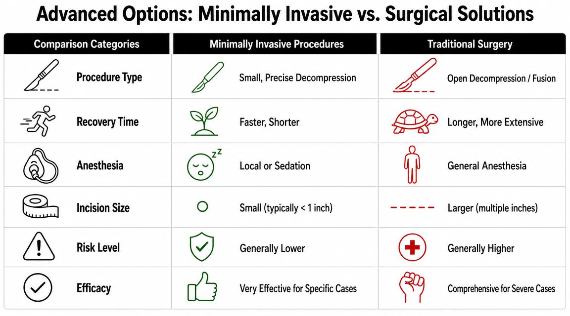 how to heal spinal stenosis medical comparison If you're reading this, there's a good chance walking has become the problem. You start out fine, then your back, buttocks, or legs begin to ache, burn, tingle, or feel heavy. You lean on a shopping cart and suddenly it's easier. You sit down for a minute and the symptoms ease off. Then you wonder the question almost every patient asks sooner or later: Can spinal stenosis be healed, or can it only be managed? How to Heal Spinal Stenosis A Patient's Guide for 2026 A comparison chart outlining the differences between minimally invasive procedures and traditional surgery for spinal treatments.