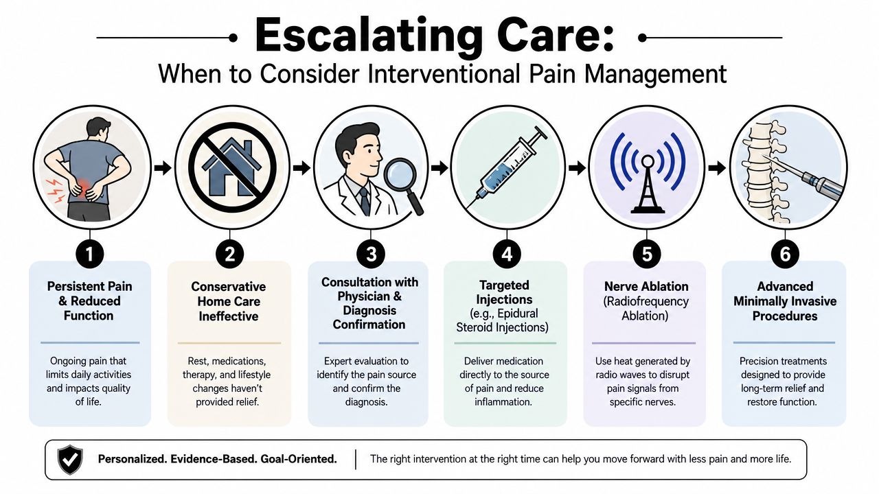 how to heal spinal stenosis pain management If you're reading this, there's a good chance walking has become the problem. You start out fine, then your back, buttocks, or legs begin to ache, burn, tingle, or feel heavy. You lean on a shopping cart and suddenly it's easier. You sit down for a minute and the symptoms ease off. Then you wonder the question almost every patient asks sooner or later: Can spinal stenosis be healed, or can it only be managed? How to Heal Spinal Stenosis A Patient's Guide for 2026 A visual guide outlining the six steps for escalating care when considering interventional pain management treatments.