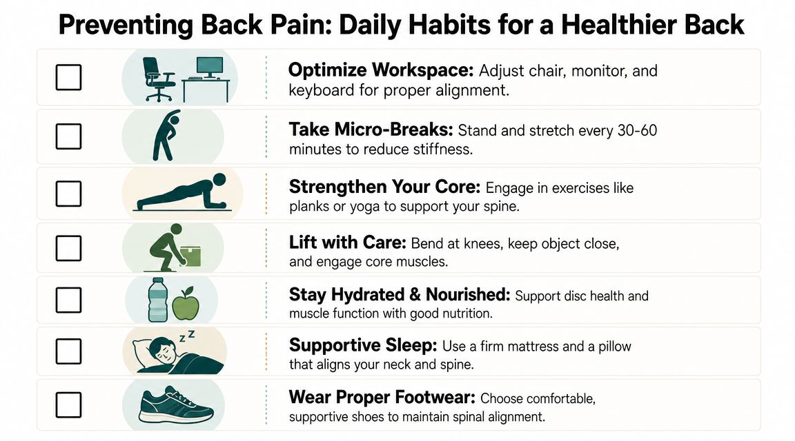 how to help back pain back health Those searching for how to help back pain don't need more generic advice. They need a clear plan that starts with sensible home care and also explains when that's no longer enough. That's especially true if you live near Chicago Ridge, Oak Lawn, Palos Hills, Palos Heights, Worth, Bridgeview, Hickory Hills, Alsip, Burbank, Evergreen Park, or Orland Park and want to know when to move from self-care to a proper pain evaluation. How to Help Back Pain: A Guide to Lasting Relief An infographic titled Preventing Back Pain showing seven daily habits for maintaining a healthy back and spine.