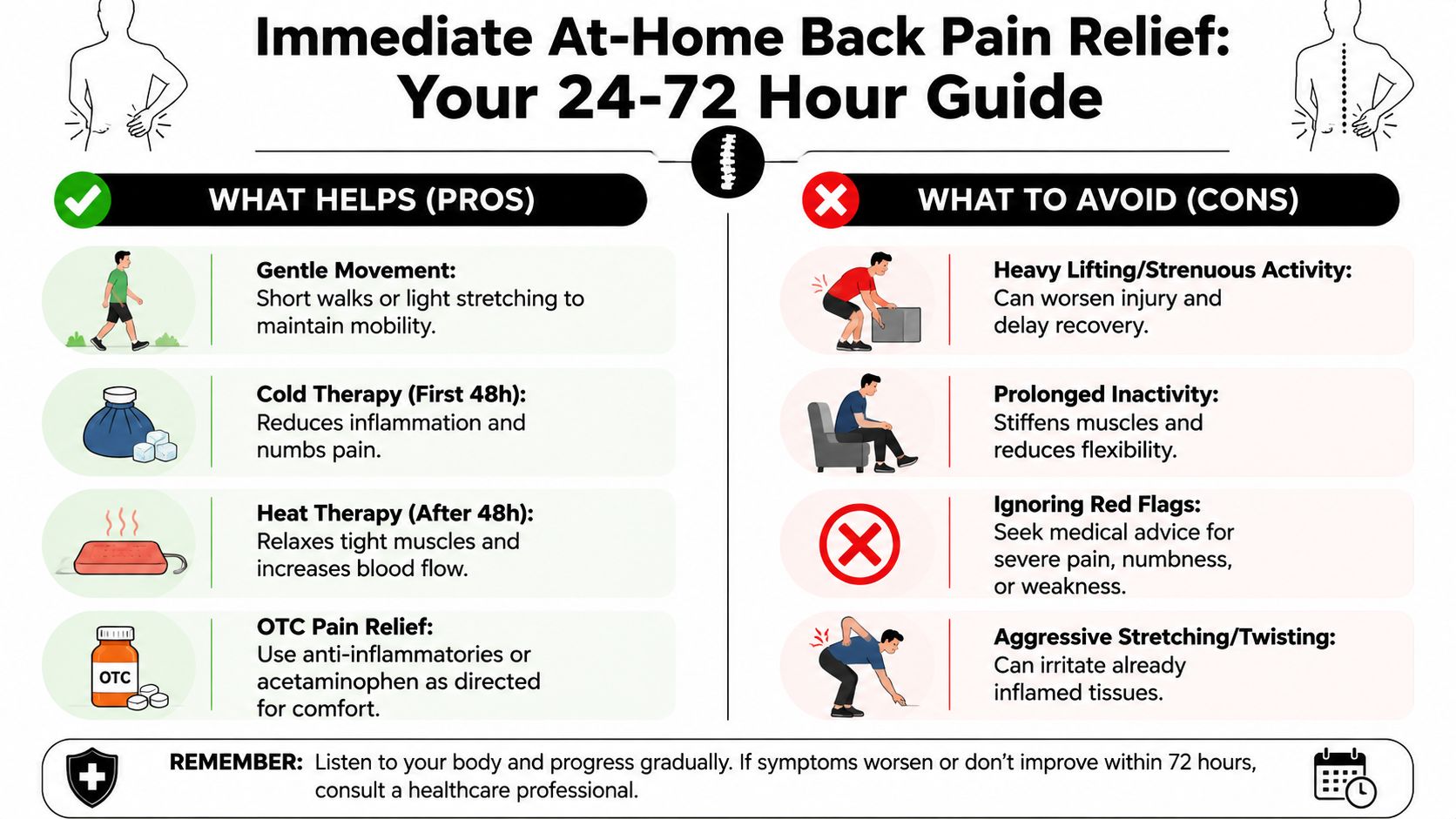 how to help back pain relief guide Those searching for how to help back pain don't need more generic advice. They need a clear plan that starts with sensible home care and also explains when that's no longer enough. That's especially true if you live near Chicago Ridge, Oak Lawn, Palos Hills, Palos Heights, Worth, Bridgeview, Hickory Hills, Alsip, Burbank, Evergreen Park, or Orland Park and want to know when to move from self-care to a proper pain evaluation. How to Help Back Pain: A Guide to Lasting Relief An infographic titled Immediate At-Home Back Pain Relief offering tips on what to do and avoid.