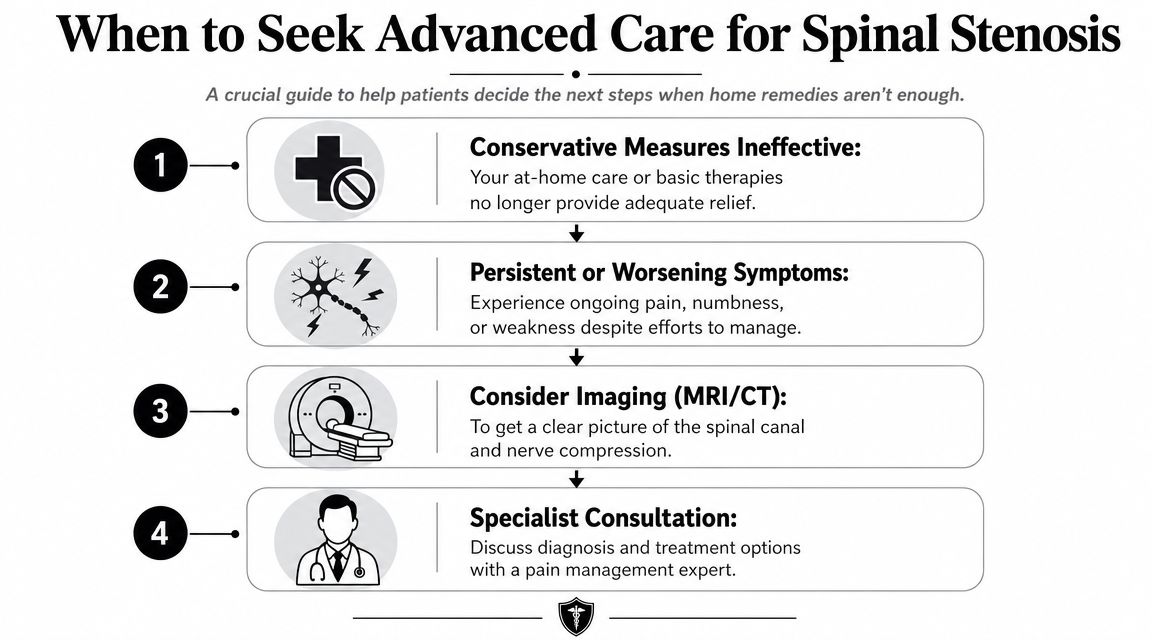 how to help spinal stenosis medical guide That's the practical answer to how to help spinal stenosis. Start with the basics. Measure function, not just pain. Escalate when walking and standing keep getting worse. Match the treatment to the structure that's causing the problem. And make sure one clinician is looking at the whole picture. How to Help Spinal Stenosis: A Patient’s Guide to Relief An infographic outlining four steps to take when seeking advanced medical care for spinal stenosis.