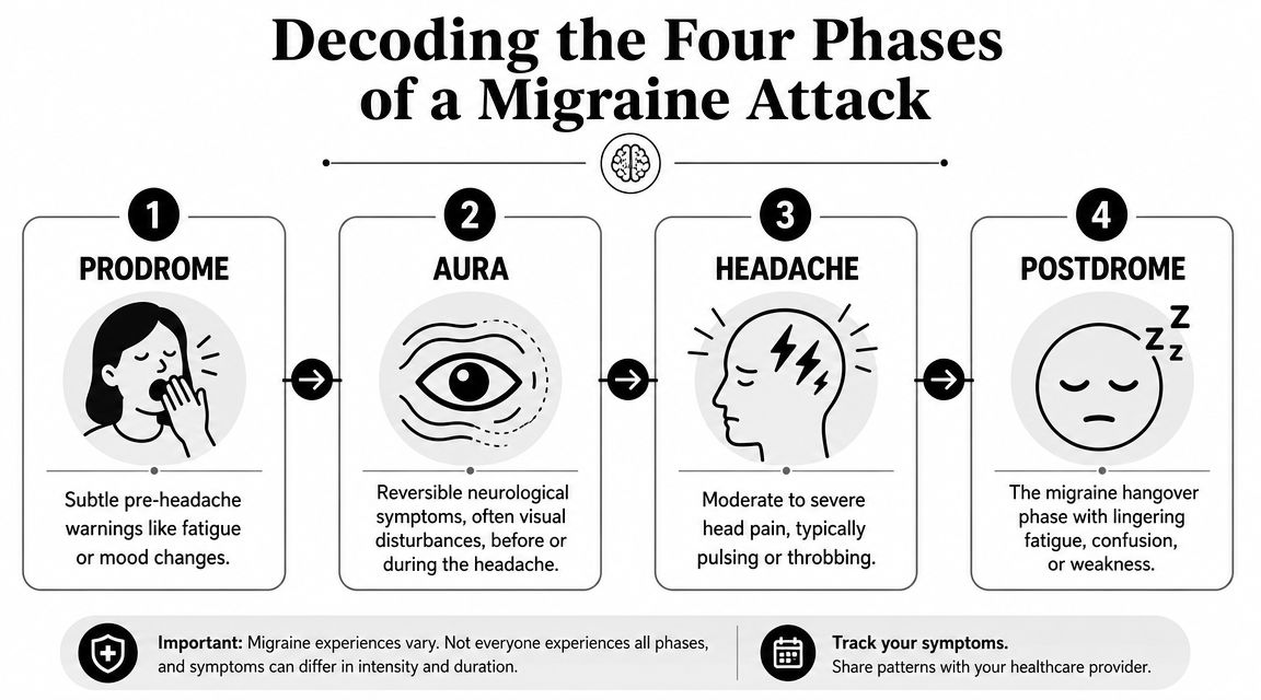 how to identify a migraine migraine phases A lot of people start in the same place. You wake up in Orland Park, head to work in Oak Lawn, or try to get through a normal afternoon in Evergreen Park, and a headache takes over your whole day. It may be pounding. It may come with nausea. You may need a dark room. Or it may not look dramatic at all, which can make it even more confusing. How to Identify a Migraine: A Patient's Guide An infographic titled Decoding the Four Phases of a Migraine Attack, illustrating prodrome, aura, headache, and postdrome.