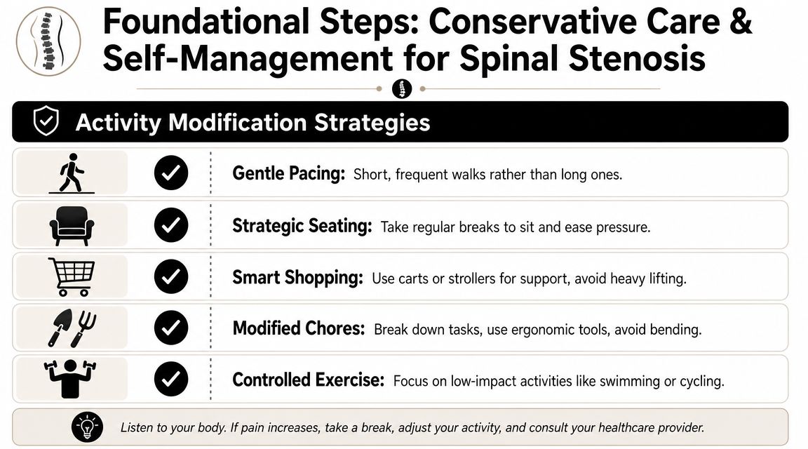 An infographic titled Foundational Steps for Spinal Stenosis offering tips on activity modification and self-management strategies.