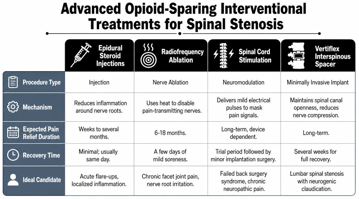 A table detailing advanced opioid-sparing interventional treatments for spinal stenosis including injections, ablation, stimulation, and spacers.
