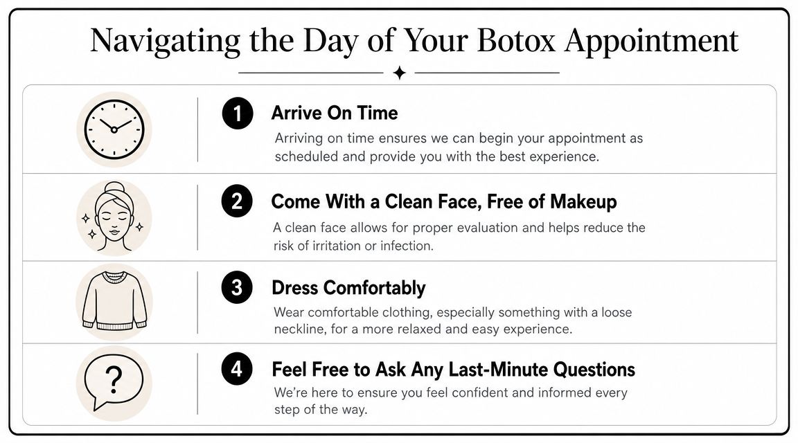 how to prepare for botox injections appointment guide If you're getting ready for your first Botox treatment for migraine or cervical dystonia, you're probably not wondering about beauty trends. You're wondering whether you need to stop a medication, whether you can drive yourself, how sore you'll be afterward, and whether this will interfere with the rest of your care. How to Prepare for Botox Injections? Your 2026 Guide A helpful infographic outlining four essential tips to prepare for your Botox injection appointment.