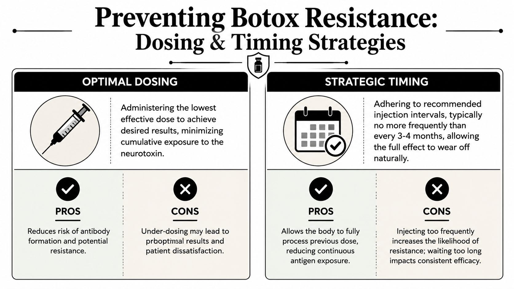 how to prevent botox resistance botox strategy If you rely on Botox for chronic migraine or cervical dystonia, it's normal to worry when a treatment that helped so much starts feeling less predictable. A patient in Orland Park or Palos Heights might notice headaches returning sooner, neck tightness creeping back earlier than expected, or a treatment cycle that just doesn't feel as strong as the last one. The first fear is usually the same. “Am I becoming resistant?” How to Prevent Botox Resistance? Get Lasting Results An infographic detailing strategies to prevent Botox resistance through optimal dosing and strategic timing of injections.
