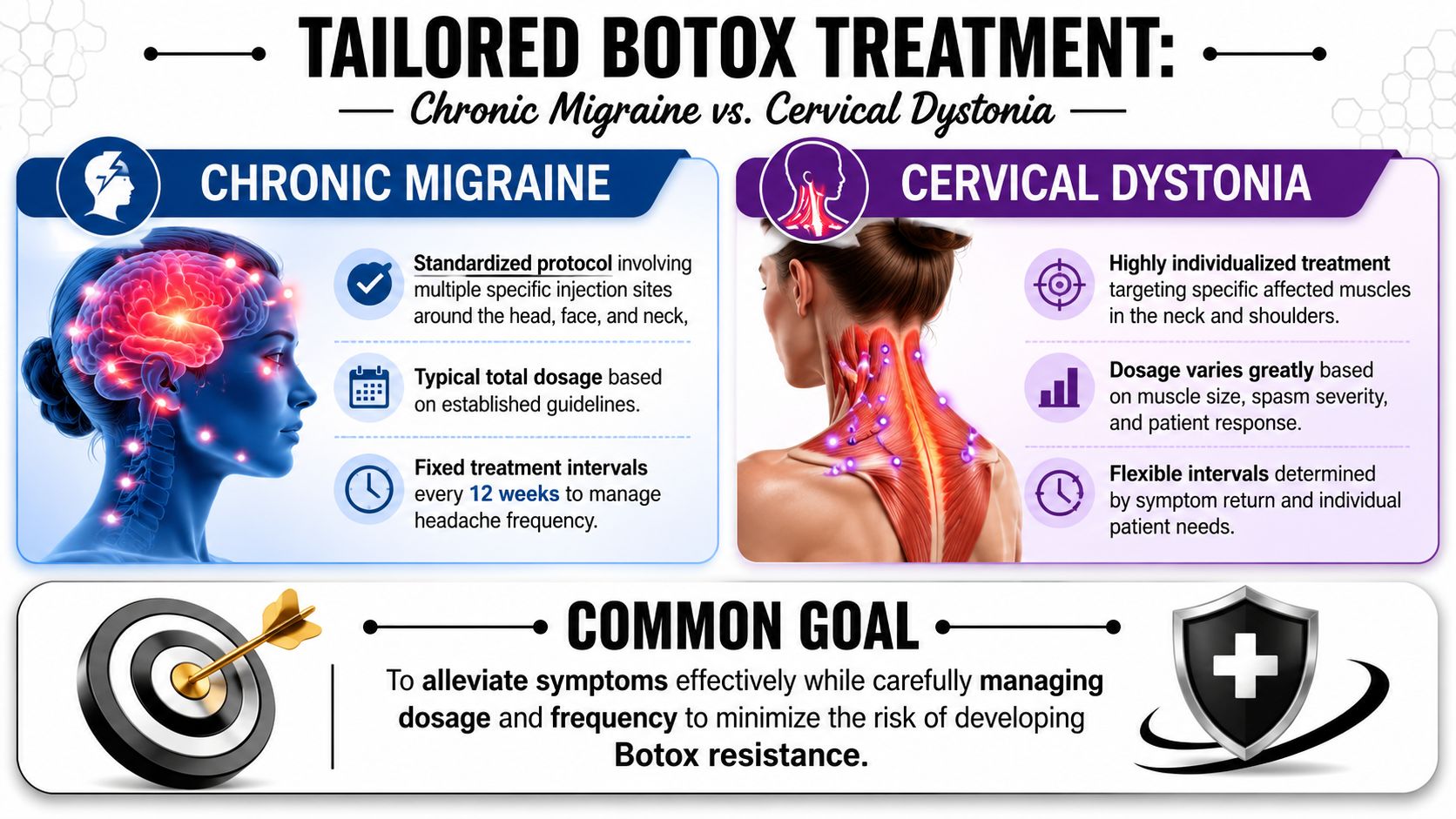 how to prevent botox resistance botox treatment If you rely on Botox for chronic migraine or cervical dystonia, it's normal to worry when a treatment that helped so much starts feeling less predictable. A patient in Orland Park or Palos Heights might notice headaches returning sooner, neck tightness creeping back earlier than expected, or a treatment cycle that just doesn't feel as strong as the last one. The first fear is usually the same. “Am I becoming resistant?” How to Prevent Botox Resistance? Get Lasting Results An educational infographic comparing Botox treatment approaches for chronic migraine versus cervical dystonia to avoid resistance.