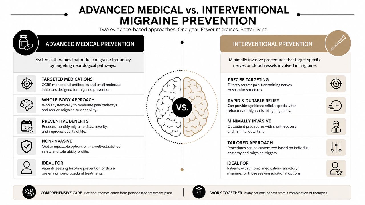 how to prevent migraine attacks migraine comparison If you're reading this after another missed workday, another canceled dinner, or another weekend spent in a dark room, you probably don't need another generic list of “migraine triggers.” You need a prevention plan that makes sense. You also need a clear answer to a question patients ask all the time: How do you prevent migraine attacks when sleep, water, and avoiding obvious triggers still aren't enough? How to Prevent Migraine Attacks: Expert Strategies A comparison chart showing advanced medical versus interventional prevention strategies for managing and reducing migraine frequency.