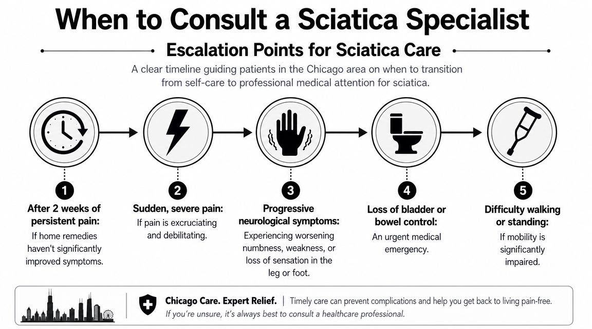 image 7 A lot of people start looking up how to manage sciatica after the pain stops being a nuisance and starts running the day. It may begin as a pull in the low back when you get out of bed in Oak Lawn, then turn into burning pain down the buttock and leg while you're driving through Orland Park, standing at work in Burbank, or trying to sleep in Evergreen Park. By the time you search for answers, you're usually not wondering what a textbook says. You're wondering how to get through today, what not to do, and whether this is something that will pass or keep getting worse. How to Manage Sciatica: Oak Lawn & Orland Park When to Seek a Specialist in the Chicago Area