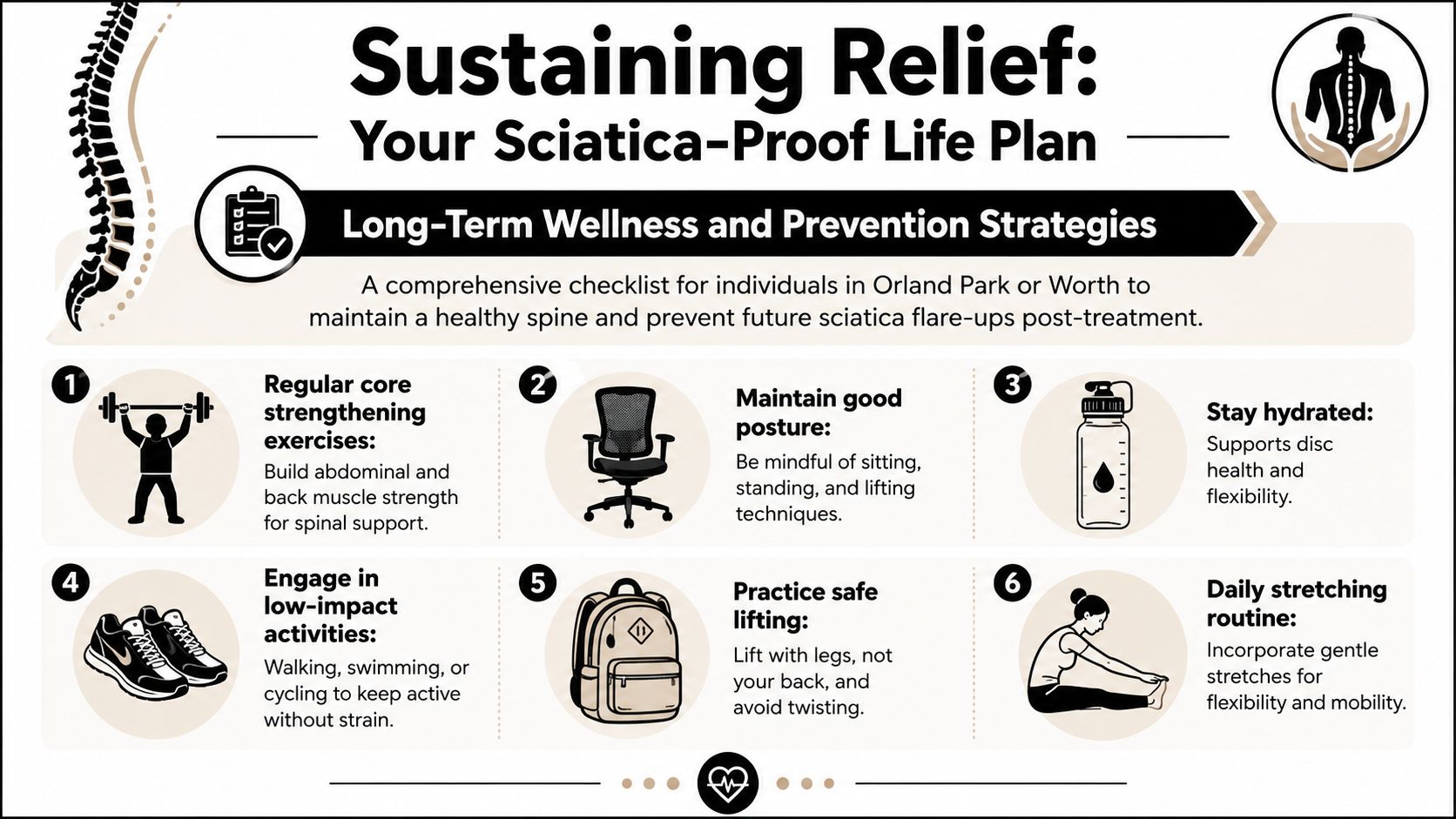 image 9 A lot of people start looking up how to manage sciatica after the pain stops being a nuisance and starts running the day. It may begin as a pull in the low back when you get out of bed in Oak Lawn, then turn into burning pain down the buttock and leg while you're driving through Orland Park, standing at work in Burbank, or trying to sleep in Evergreen Park. By the time you search for answers, you're usually not wondering what a textbook says. You're wondering how to get through today, what not to do, and whether this is something that will pass or keep getting worse. How to Manage Sciatica: Oak Lawn & Orland Park Building a Sciatica-Proof Life After Treatment