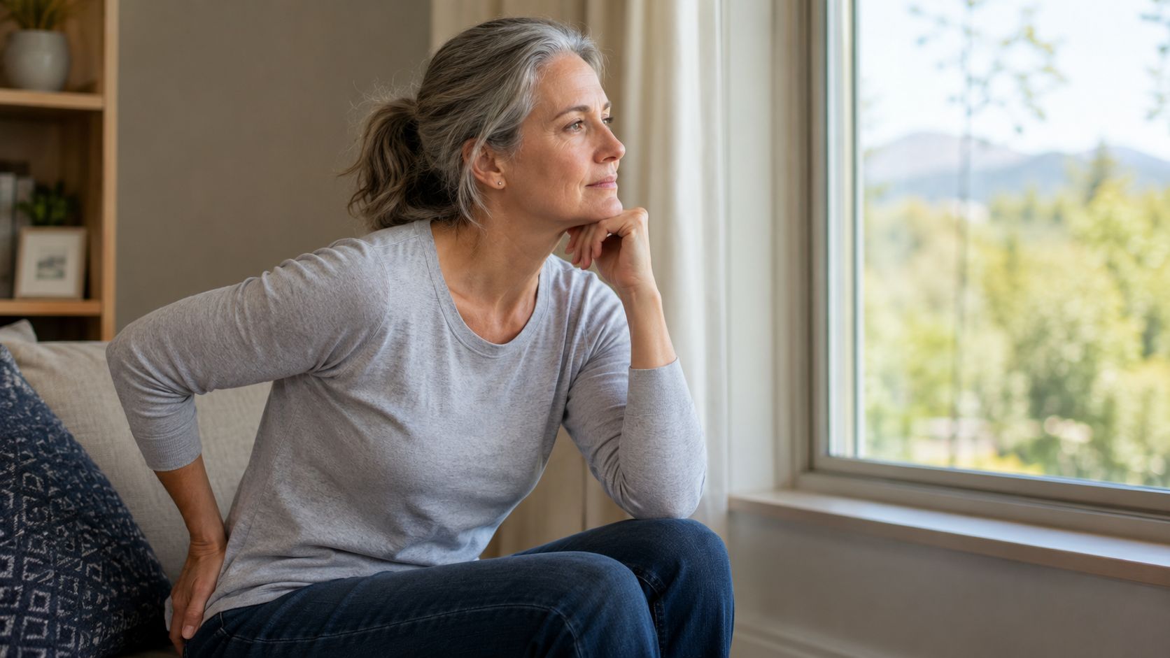 A middle-aged woman with gray hair experiencing back pain while sitting at home by a window.