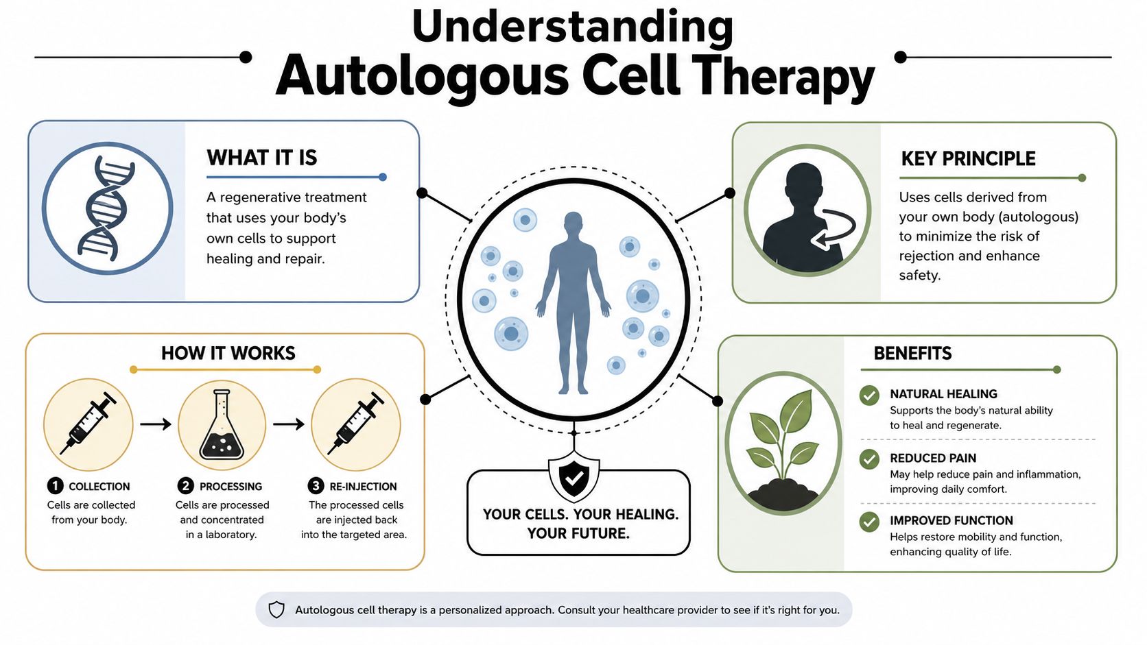An infographic explaining autologous cell therapy, detailing its regenerative nature, collection, processing, and patient health benefits.
