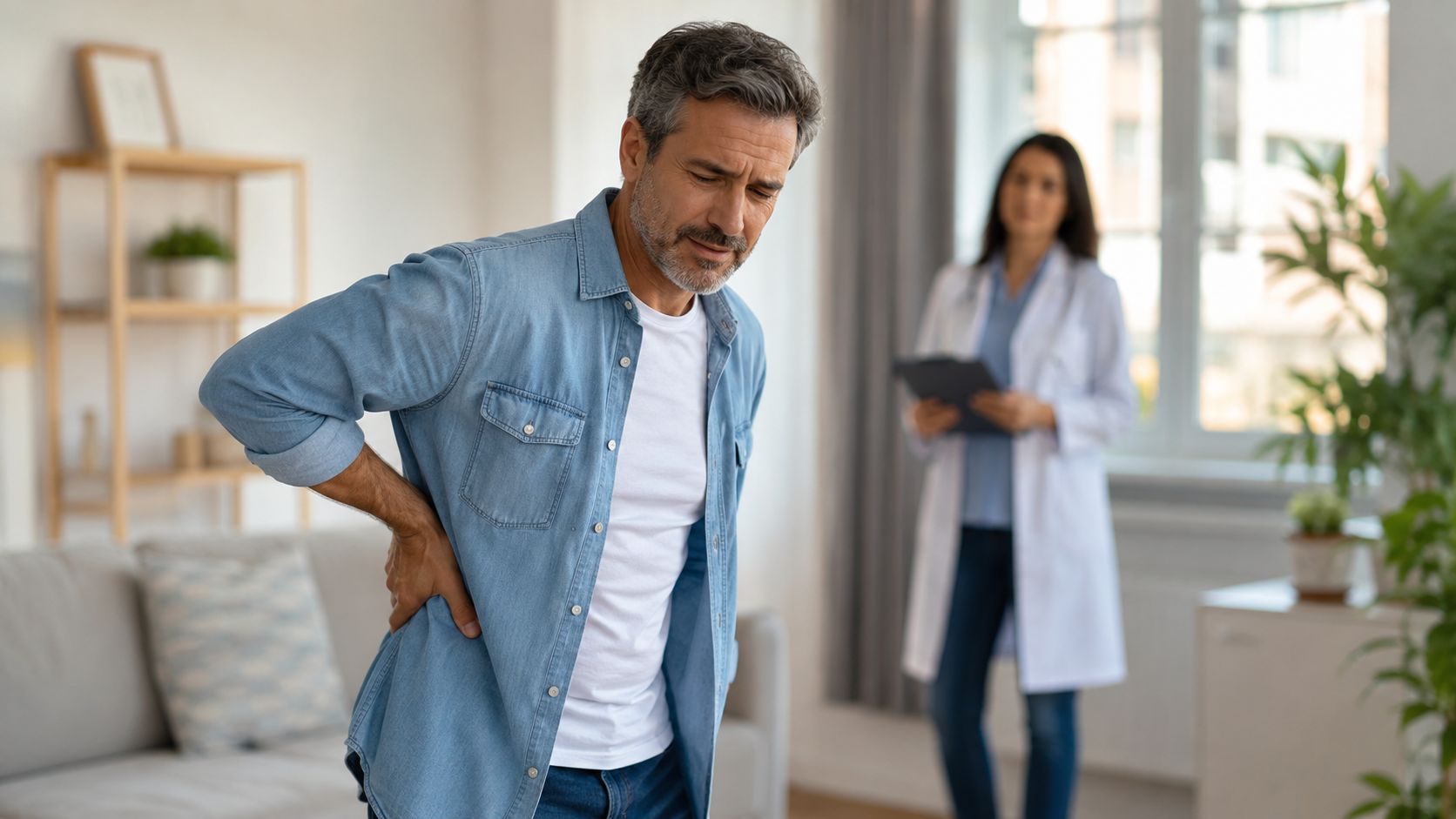A middle-aged man suffering from back pain consulting with a female doctor in a clinic.