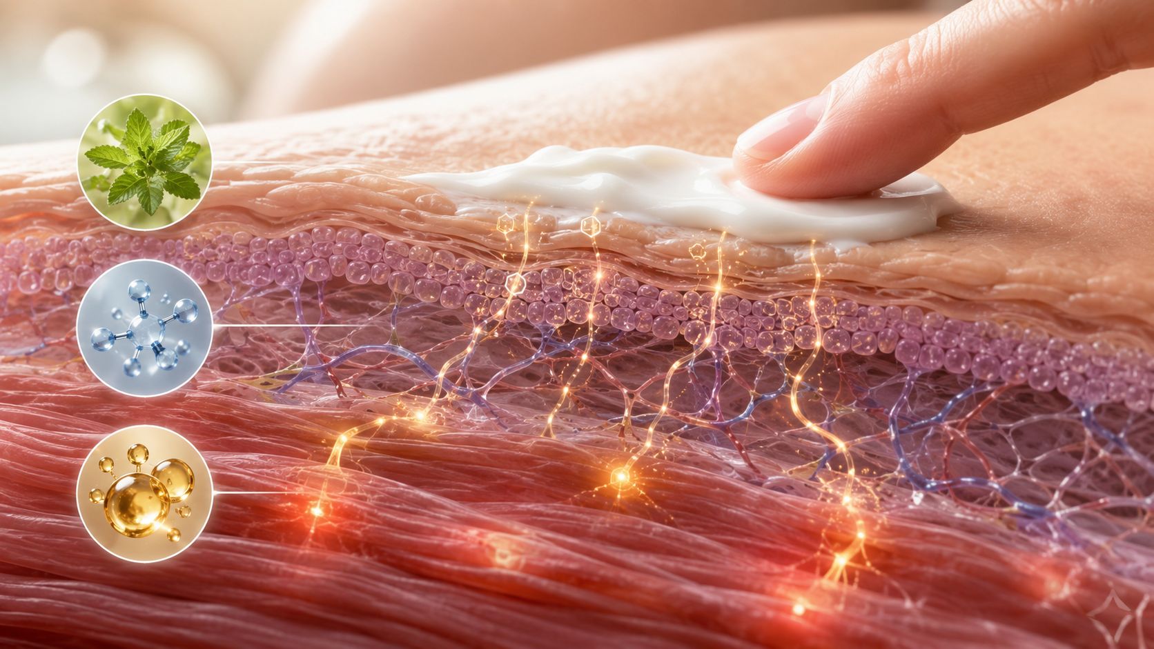A conceptual diagram showing a soothing cream applied to human skin with active ingredients penetrating deep layers.