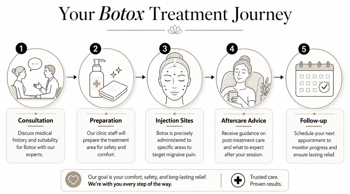 botox for migraine before and after botox journey Seeking Botox for migraine before and after results suggests you're likely not after a beauty treatment. Rather, you're after your life back. Botox for Migraine Before and After: A Chicago Guide A five-step infographic detailing the Botox treatment journey for migraine relief from consultation to follow-up.
