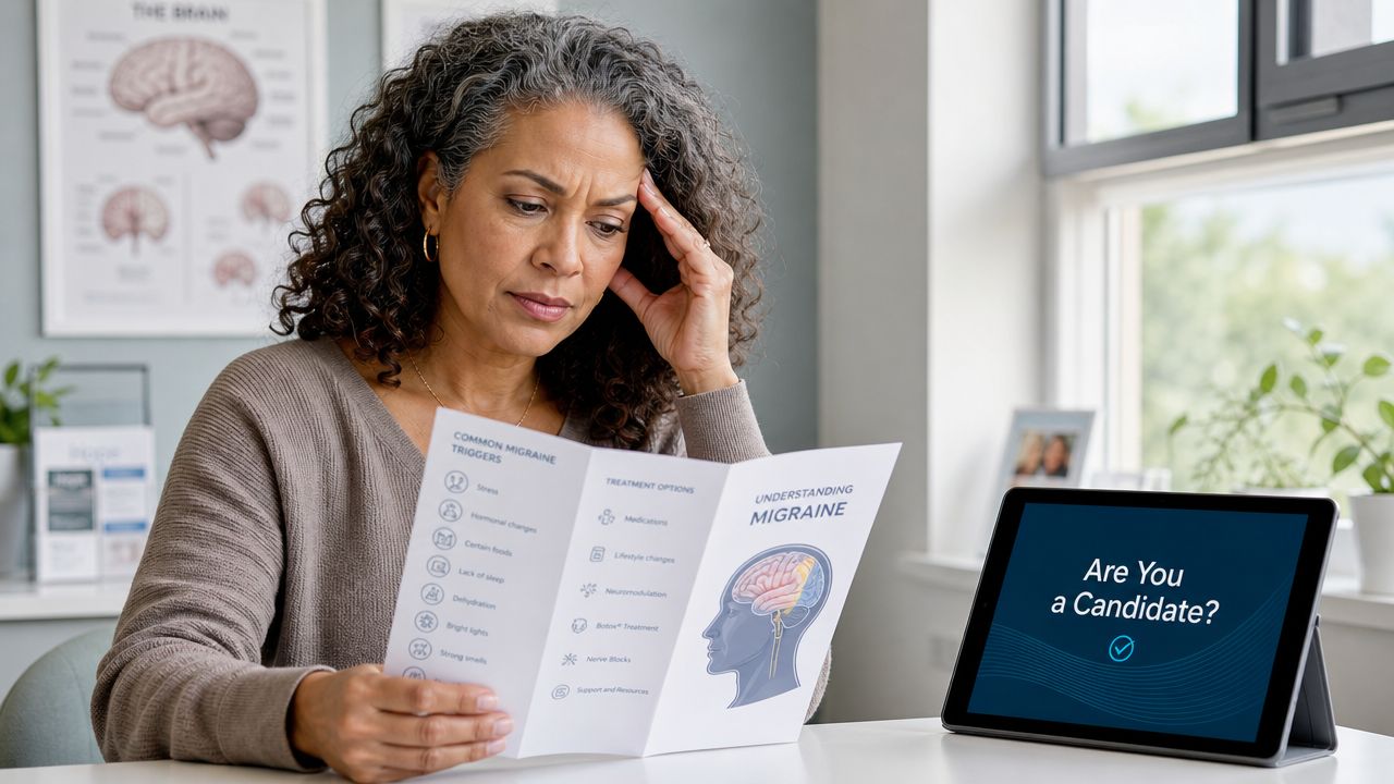 botox for migraine before and after migraine patient Seeking Botox for migraine before and after results suggests you're likely not after a beauty treatment. Rather, you're after your life back. Botox for Migraine Before and After: A Chicago Guide A middle-aged woman looking concerned while holding an informational brochure about migraine triggers and treatment options.