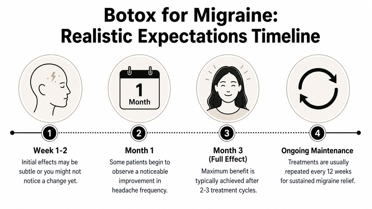 botox for migraine before and after migraine timeline Seeking Botox for migraine before and after results suggests you're likely not after a beauty treatment. Rather, you're after your life back. Botox for Migraine Before and After: A Chicago Guide A timeline graphic showing the expected results and maintenance schedule for Botox migraine treatment over three months.