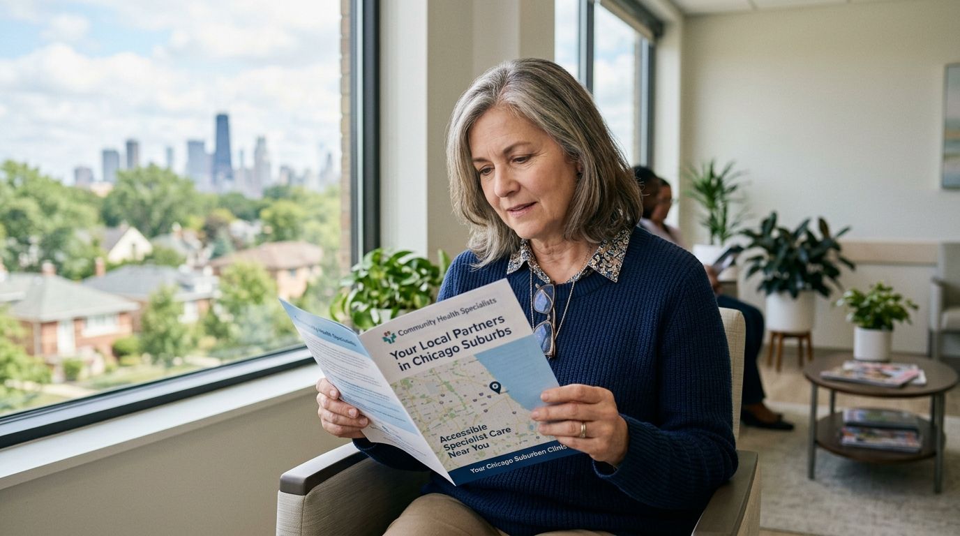 A middle-aged woman with gray hair sits in a clinic waiting area, reading a medical brochure.