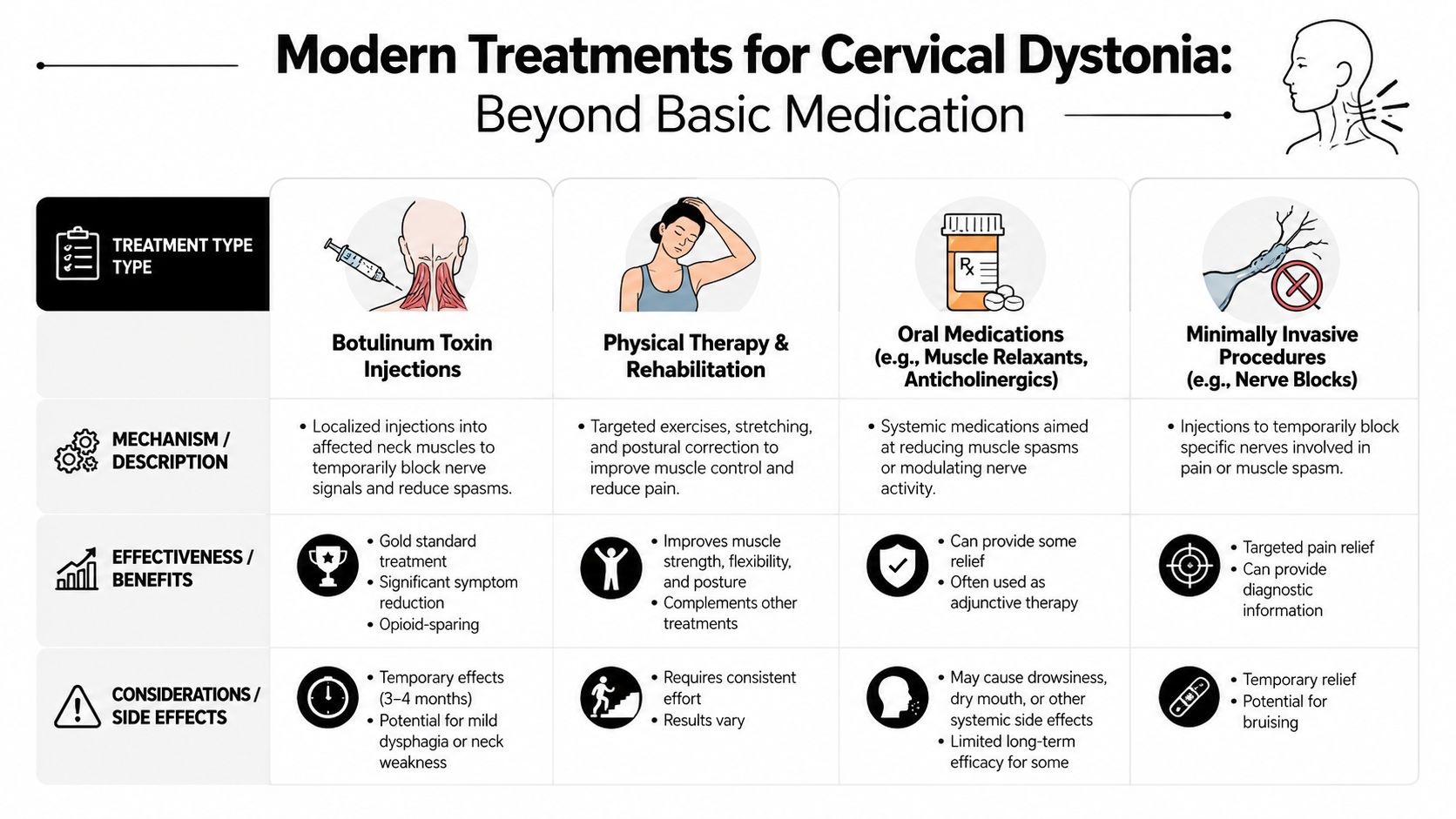 A comparison chart outlining four common modern treatment options for cervical dystonia including injections, therapy, and medication.