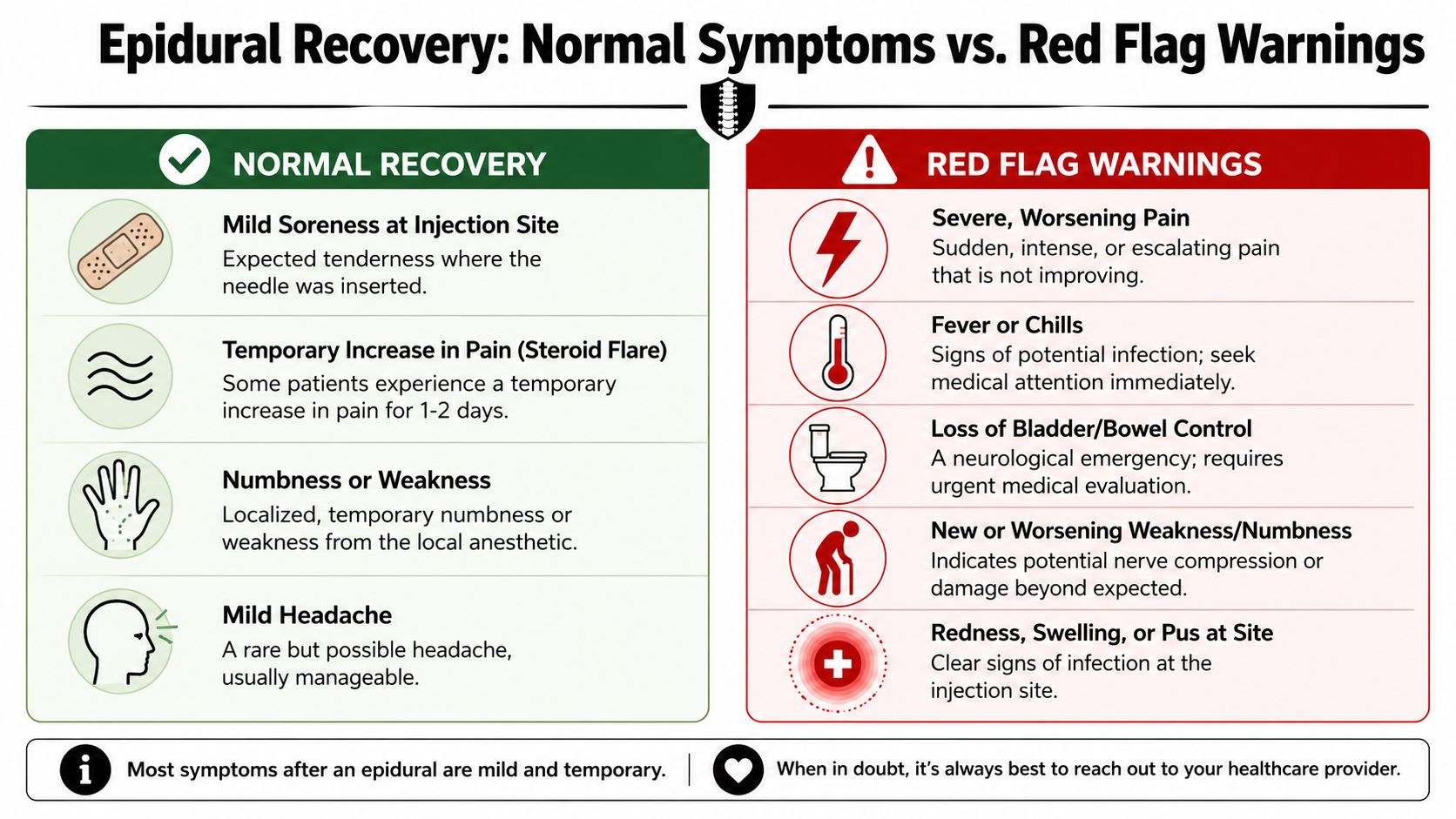 epidural steroid injection recovery symptoms guide That's how I approach epidural steroid injection recovery in clinic. The injection isn't a magic switch. It's a targeted treatment meant to calm irritated spinal nerves and reduce inflammation so movement becomes easier, daily tasks become more manageable, and the body has room to settle down. Epidural Steroid Injection Recovery: Your 2026 Guide A chart comparing normal epidural recovery symptoms with red flag warning signs requiring immediate medical attention.