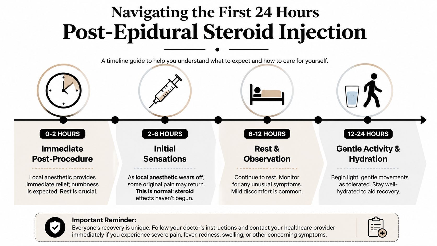 epidural steroid injection recovery timeline That's how I approach epidural steroid injection recovery in clinic. The injection isn't a magic switch. It's a targeted treatment meant to calm irritated spinal nerves and reduce inflammation so movement becomes easier, daily tasks become more manageable, and the body has room to settle down. Epidural Steroid Injection Recovery: Your 2026 Guide A timeline infographic explaining the recovery stages during the first 24 hours after an epidural steroid injection.