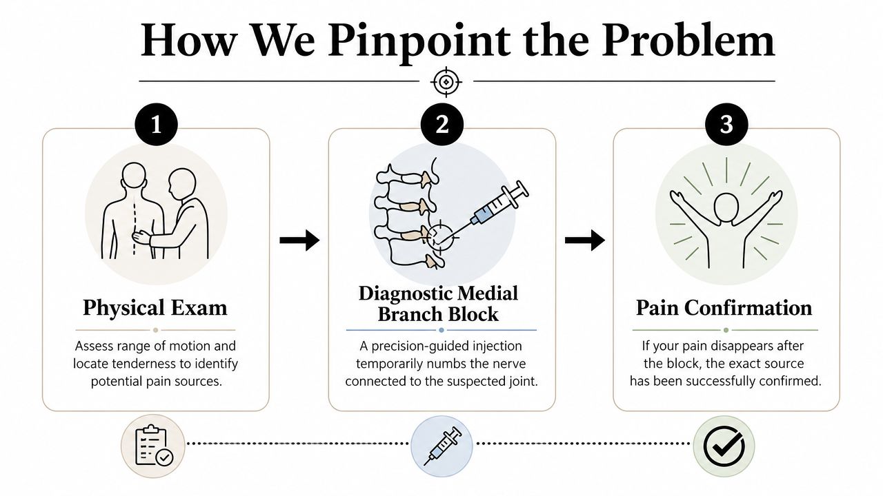 facet joint pain relief medical diagnostic To get real facet joint pain relief, you first have to know what’s actually causing the problem. For many people, that nagging, chronic back or neck pain isn’t just a mystery—it’s the result of a completely normal, age-related process that affects the small, stabilizing joints in your spine. Facet Joint Pain Relief: Serving Oak Lawn, Orland Park & Surrounding Illinois Communities A three-step infographic showing the medical process to diagnose facet joint pain through examinations and injections.
