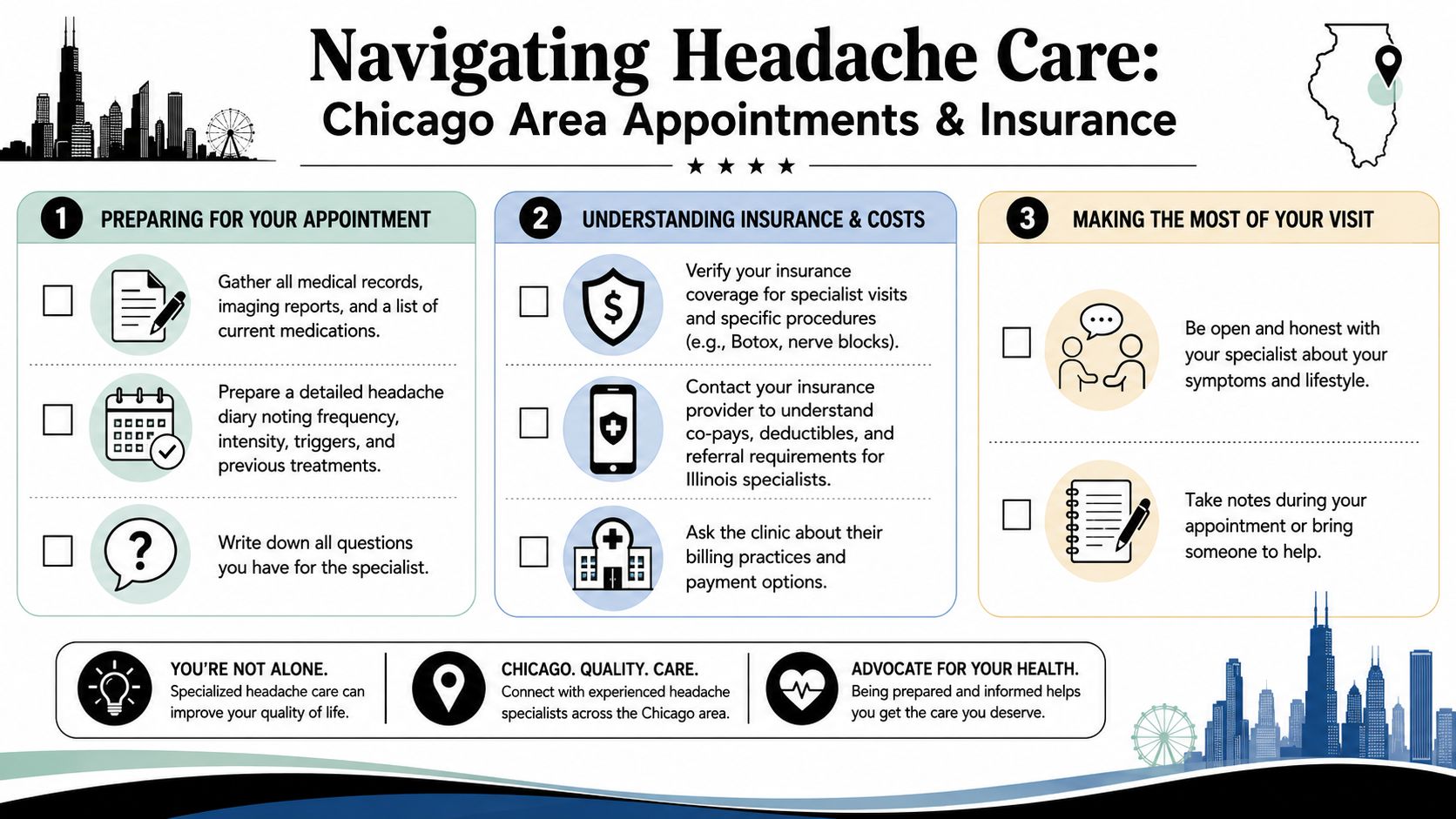 An infographic titled Navigating Headache Care providing steps for Chicago patients preparing for medical appointments and insurance.