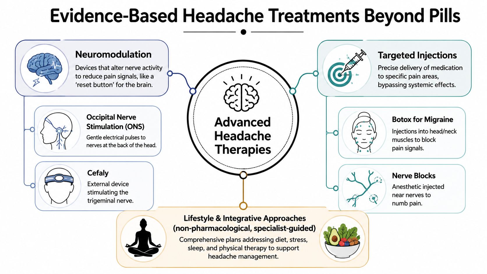 An infographic showing various non-pill evidence-based medical treatments for managing chronic headaches and migraines effectively.
