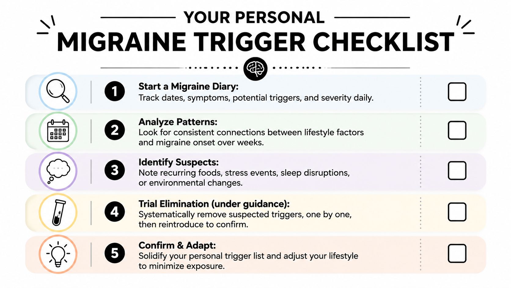 how to prevent migraines migraine checklist A migraine often announces itself at the worst possible moment. You may be driving through Oak Lawn on the way to work, getting kids ready in Palos Heights, or trying to finish a normal afternoon in Orland Park when the warning signs start. Light feels harsh. Your neck tightens. You begin to wonder if the rest of the day is about to disappear. How to Prevent Migraines: Lifestyle & Care Options A five-step checklist for tracking and identifying personal migraine triggers, presented in a clean, colorful infographic format.