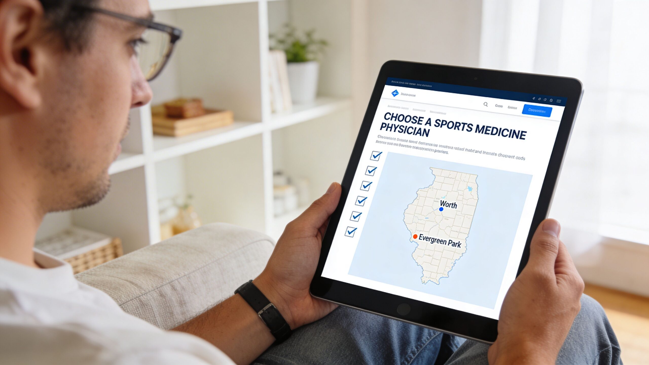 A person holding a digital tablet displaying an interactive map to help find sports medicine physicians.