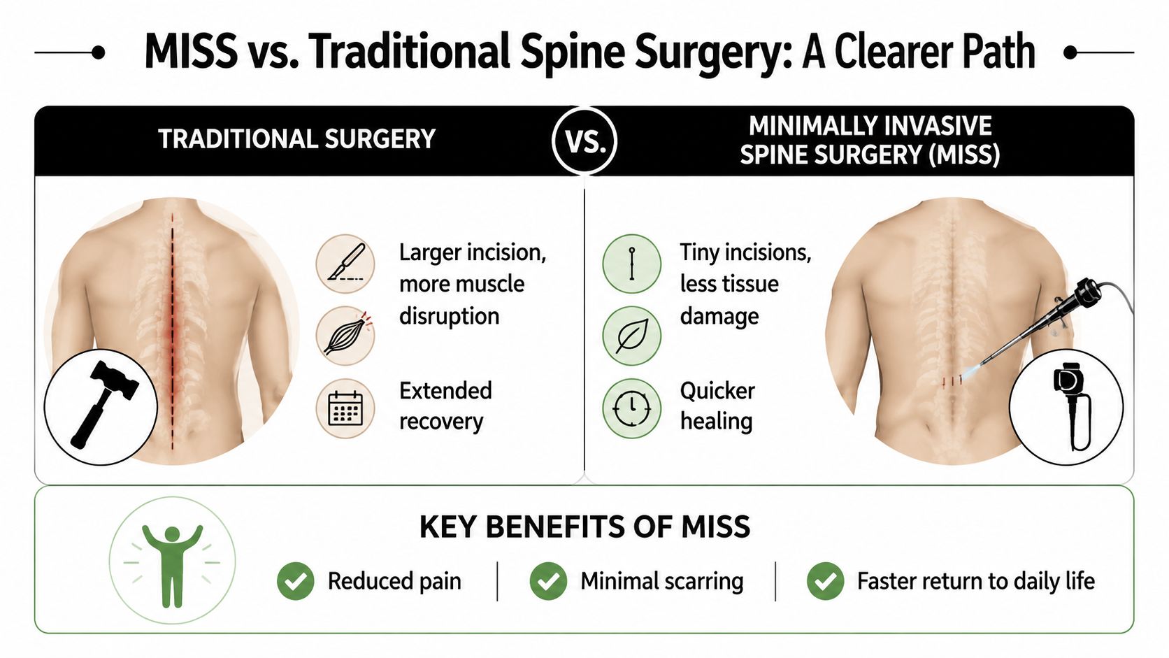 minimally invasive spine surgery comparison Minimally invasive spine surgery isn't just about having a smaller incision. For patients, it represents a different philosophy of care. The aim is to reach the painful area through a smaller corridor, disturb less healthy tissue, and support a quicker return to normal movement. Minimally Invasive Spine Surgery: Orland Park Care A comparison infographic showing the differences and benefits between traditional spine surgery and minimally invasive spine surgery.