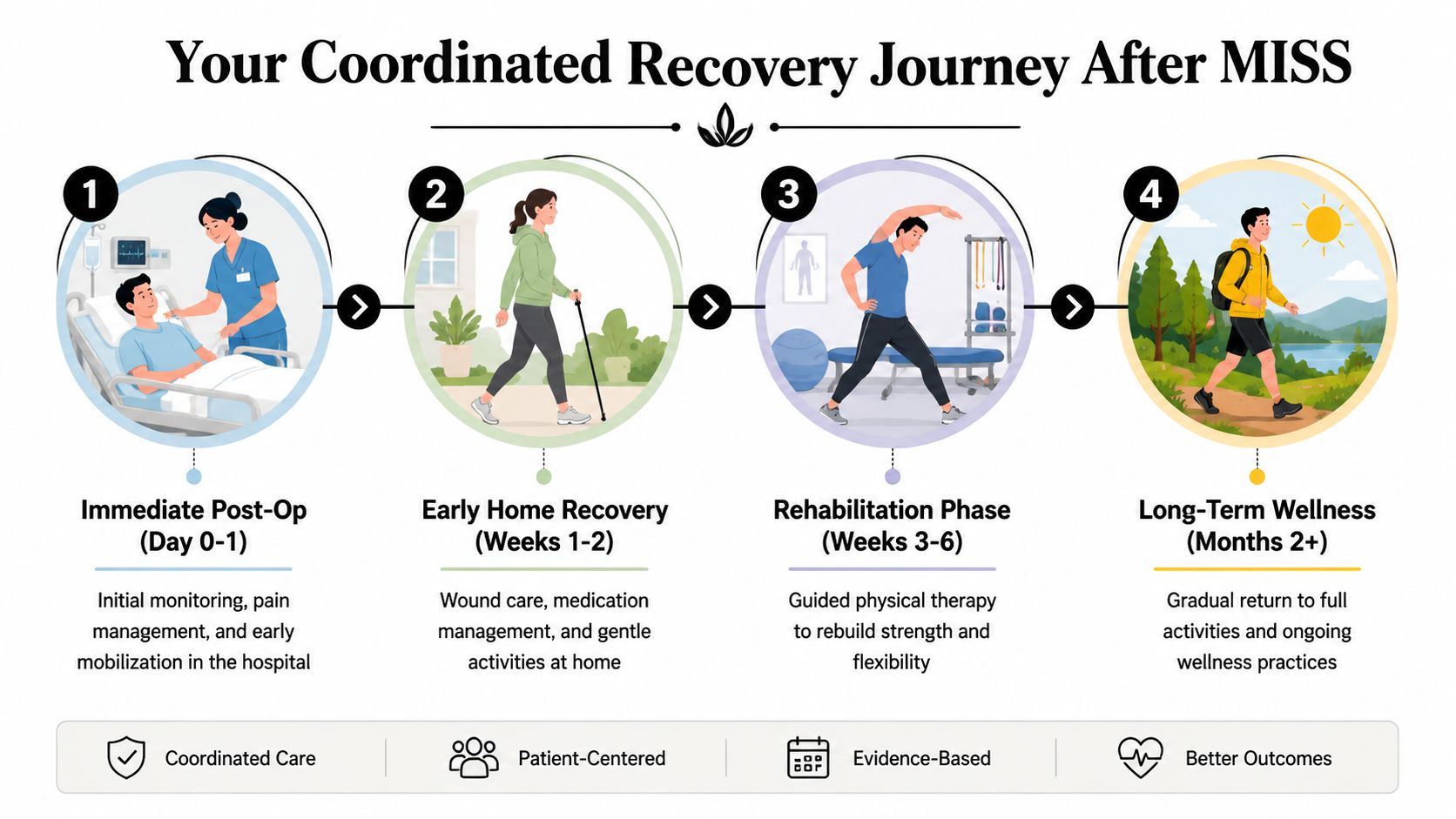 minimally invasive spine surgery recovery journey Minimally invasive spine surgery isn't just about having a smaller incision. For patients, it represents a different philosophy of care. The aim is to reach the painful area through a smaller corridor, disturb less healthy tissue, and support a quicker return to normal movement. Minimally Invasive Spine Surgery: Orland Park Care An infographic showing the four-stage recovery journey for patients following minimally invasive spine surgery, from post-op to long-term wellness.