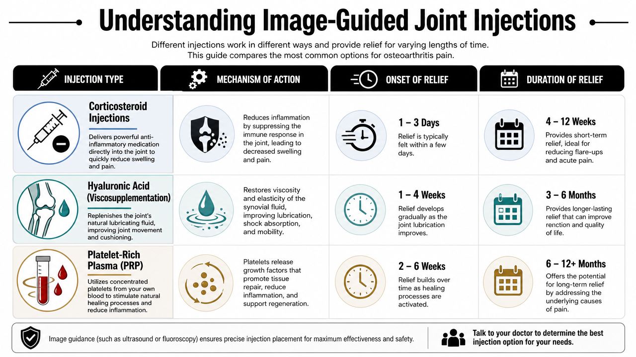 A comparison chart outlining common image-guided joint injection types for treating chronic osteoarthritis pain.