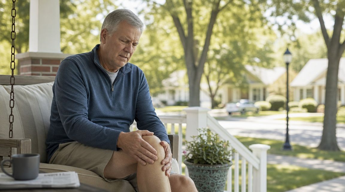 An elderly man sitting on his porch holding his knee in pain, indicating potential joint discomfort or osteoarthritis.