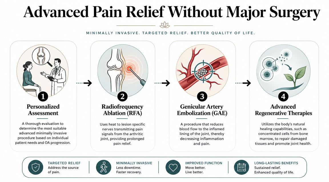 An infographic showing four steps of minimally invasive osteoarthritis treatment options including assessment, ablation, embolization, and regenerative therapies.