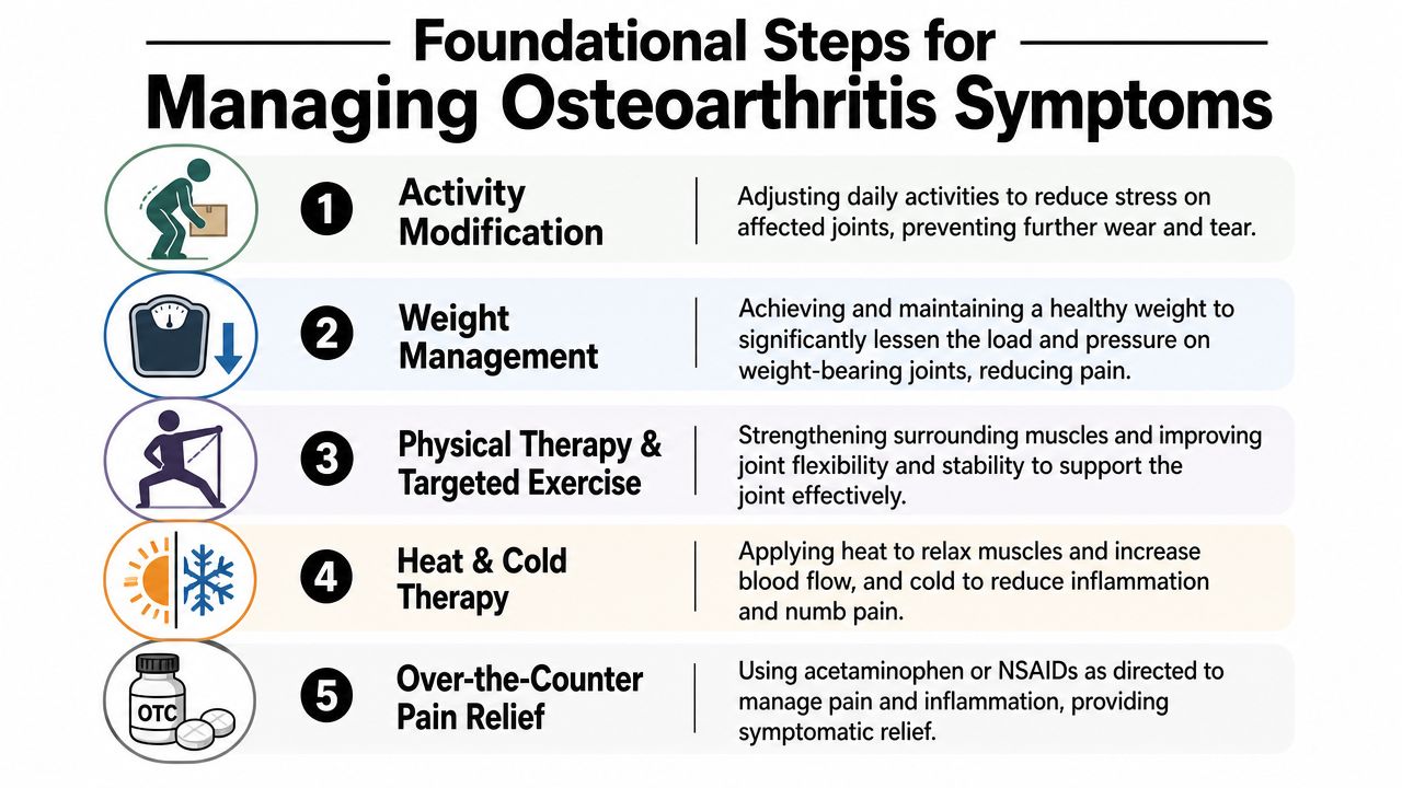 An infographic showing five foundational steps for managing osteoarthritis symptoms, including activity modification and exercise.
